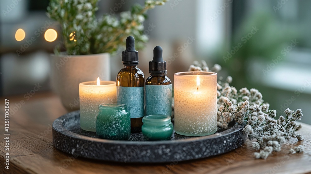 Poster a serene arrangement of candles and essential oils on a tray, complemented by greenery, creating a c