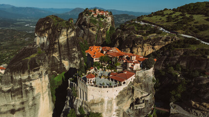 Aerial view of Meteora Monasteries in Greece. Magnificent monasteries of Meteora on the rocks at...