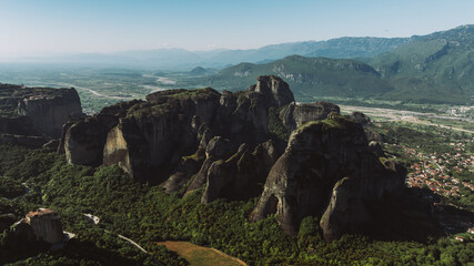 Aerial view of Meteora Monasteries in Greece. Magnificent monasteries of Meteora on the rocks at sunset