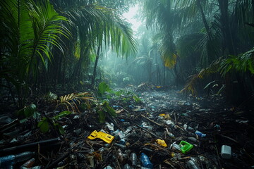 Garbage in the tropical forest. Mountains of plastic packaging abandoned by people
