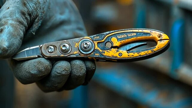 Close-up of a worker's hand holding a multifunctional tool with wear