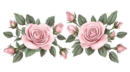 Blush Pink Rose Botanical Illustration: Delicate Floral Arrangement AI Generated