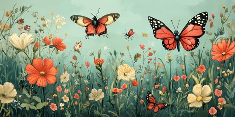 Butterflies and wildflowers create a beautiful scene in a meadow