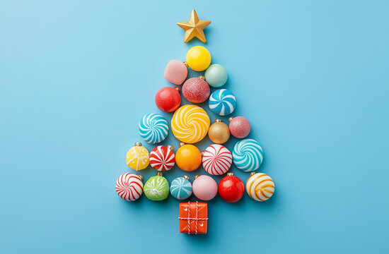 A composition of Christmas ornaments and decorations arranged in the shape of an ornament on a pastel blue background, a flat lay with copy space. Minimal concept. High-quality photo