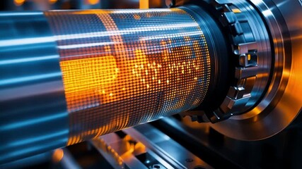 Automated industrial printing machine is printing digital code on metallic surface of rotating cylinder using modern technologies in factory - Powered by Adobe