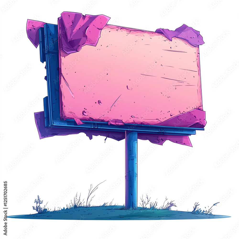 Poster a vibrant, abstract billboard with peeling colors, set against a simple grass background. ideal for 