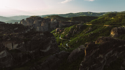 Aerial view of Meteora Monasteries in Greece. Magnificent monasteries of Meteora on the rocks at sunset