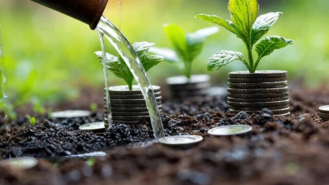 Small green plants growing from soil with coins around, symbolizing financial growth, investment, and the concept of sustainable economy and wealth development.