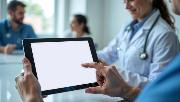 Medical professional holding a tablet with an empty screen for mockup ui - Powered by Adobe
