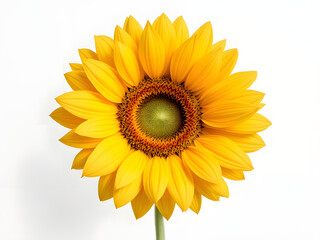 Fototapeta premium Sunflower, yellow, bright, petals, center, brown, seeds, vibrant, nature, flower, bloom, summer, plant, golden, floral, close-up, isolated, background, white, fresh, natural, botanical, garden, sunny,