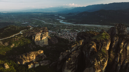 Aerial view of Meteora Monasteries in Greece. Magnificent monasteries of Meteora on the rocks at sunset