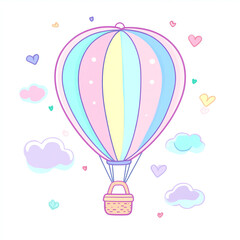 A whimsical illustration of a pastel-colored hot air balloon floating among fluffy clouds and colorful hearts