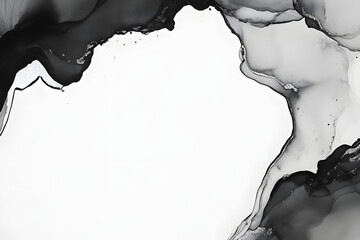 A stunning black and white abstract composition featuring fluid ink-like textures with delicate gradients and scattered speckles