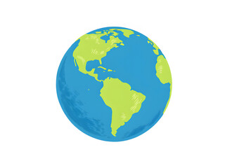 Fototapeta premium Illustration of Earth with continents in green and oceans in blue on a white background.