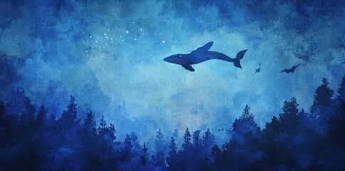 Whale soars gracefully through a dreamy night forest scene