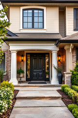 Elegant Home Entrance: Modern Architecture and Landscaping Design.  Luxury Real Estate Property with a Stunning Facade and Pathway