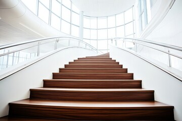 Obraz premium Contemporary Staircase Featuring Sleek Wooden Steps and Elegant Metal Railing, Bathed in Natural Light with Minimalistic White Walls for Modern Architecture Aesthetic