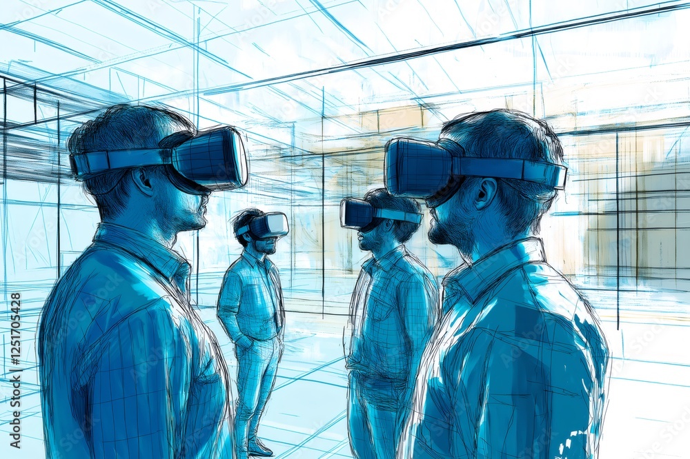 Aufkleber architects wearing virtual reality headsets are exploring a building project inside a virtual realit