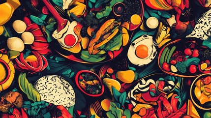 An array of vibrant food dishes creates a colorful pattern