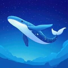 Fototapeta premium Cartoon whale soars through a vibrant blue starry night