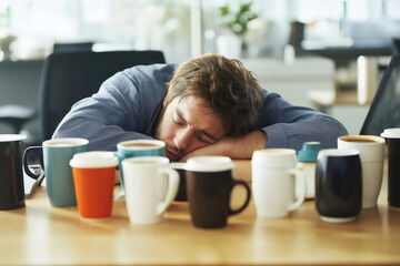 Office worker sleeping at desk, surrounded by many coffee cups, exhausted after working late