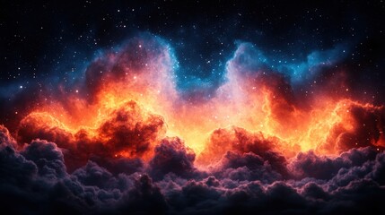 A vibrant cosmic scene with fiery clouds and a starry background.