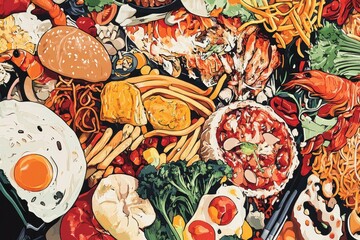 Cartoon depiction of a variety of appetizing gourmet food dishes