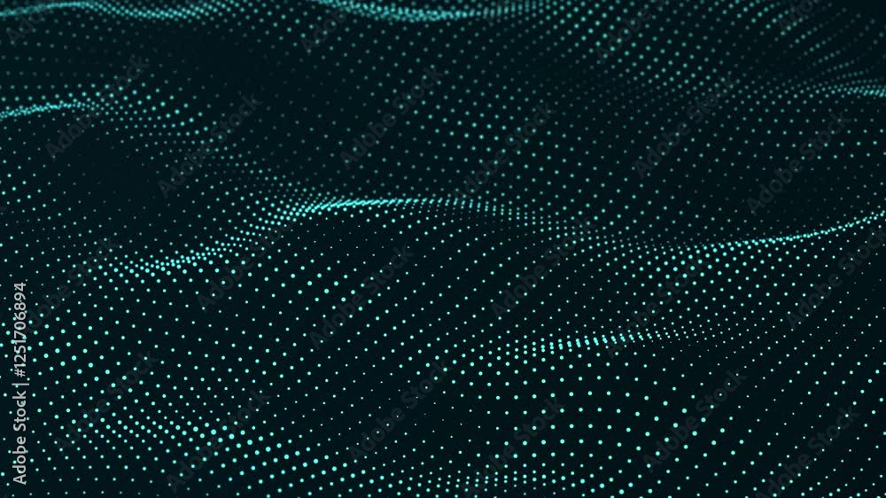 Poster Abstract flow of luminous particles on dark background. Movement of colored dots. Big data visualization. 3D rendering. Seamless loop. 4k	
