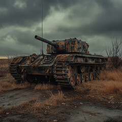 Fototapeta premium An imposing abandoned tank rests in a field under a cloudy sky. Nature reclaims its space, blending the remnants of war with the beauty of the surrounding landscape.