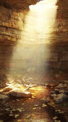 Cave Sunlight Stream, Natural Light, Peaceful Landscape, Photo Stock