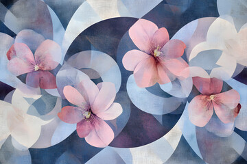an elegant abstract floral artwork featuring layered pink blossoms and curved geometric elements in pastel shades, forming a balanced and sophisticated desig