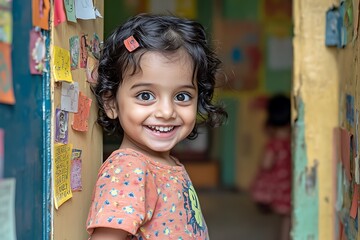 A child eagerly stepping into their classroom on the first day back, with a smile and a sense of wonder in their eyes.
