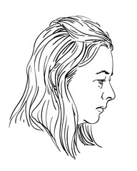 Woman portrait in profile with loose medium length hair looking down thoughtfully, Hand drawn Illustration, Vector sketch isolated female head