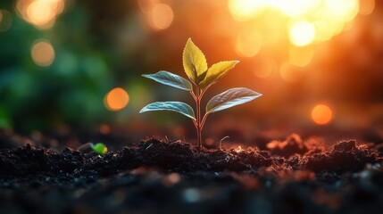 Vibrant young plant emerging from rich soil in warm golden hour light