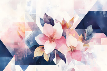 soft pink petals merge with translucent blue and white shapes, creating a harmonious blend of nature and abstract art in a delicate digital composition