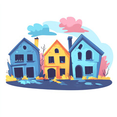 Colorful cartoon-style houses sit side by side against a pastel sky. The vibrant hues of blue and yellow contrast with the serene environment, creating an inviting visual charm.