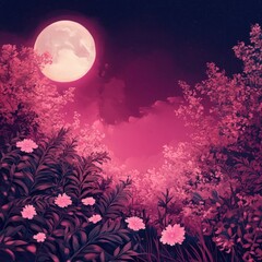 Pink moonlight illuminates a floral landscape in an ethereal scene
