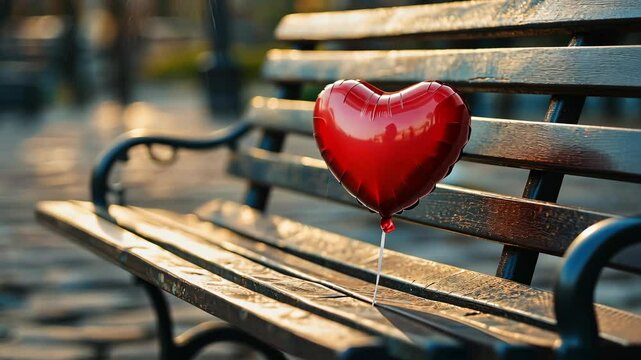 A heart-shaped balloon tied to the armrest of an empty park bench, symbolizing love and affection in urban public spaces. The image has a full depth of field in focus, 