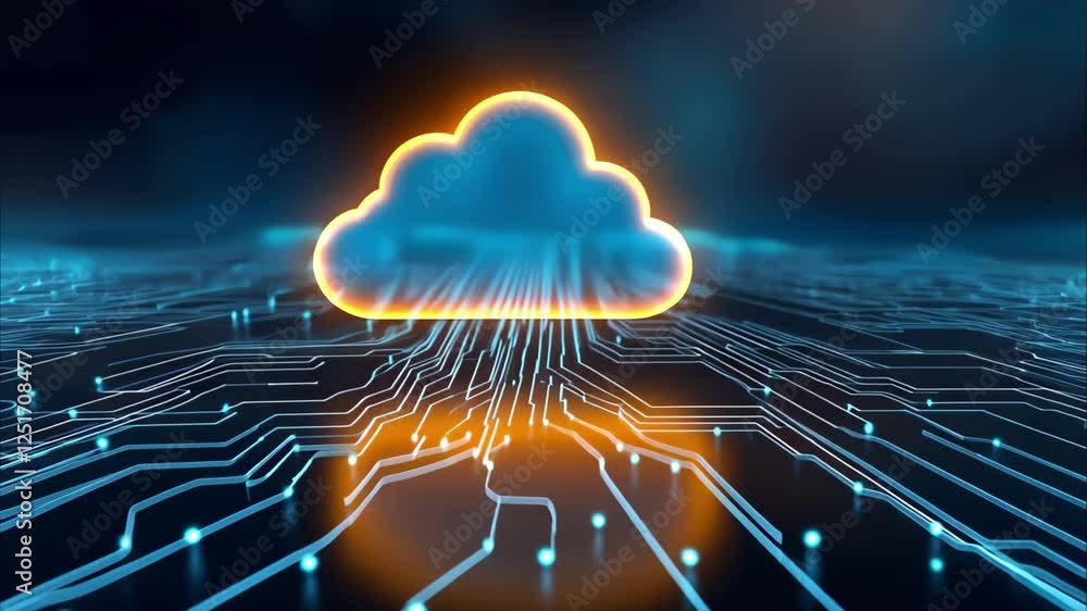 Poster a stylized cloud icon against a digital network background, symbolizing cloud computing and data sto