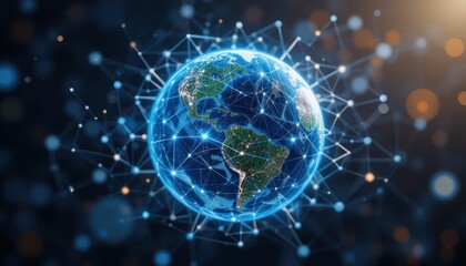 Obraz premium Global Network Connection Illuminated Earth, glowing bokeh