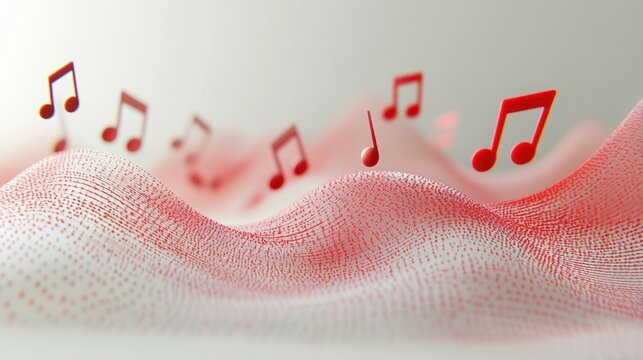 red musical notes on a sound wave, 3D rendered illustration, on a neutral background