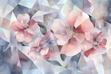 an artistic abstract floral arrangement with soft pink flowers and layered translucent blue and white forms, creating a dreamy and modern aesthetic