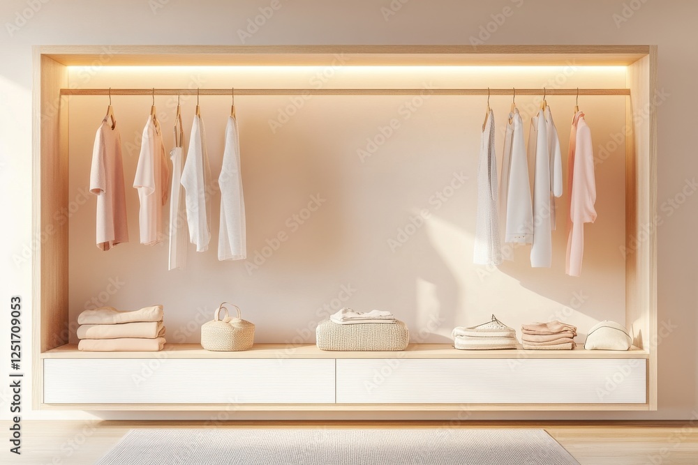 Poster modern open wardrobe design showcasing neatly hung clothes in soft artificial light against a light 