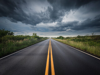Naklejka premium Realistic image of an empty straight road with vivid yellow centerline, framed by lush grass and wild vegetation, under dramatic storm clouds casting soft shadows