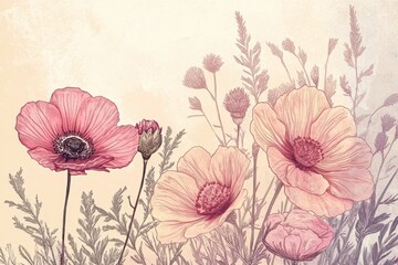 Artistic floral illustration featuring pink and orange poppy flowers