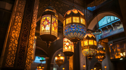 Obraz premium Eid Mubarak Celebration with Arabic Lantern Hanging from Ceiling