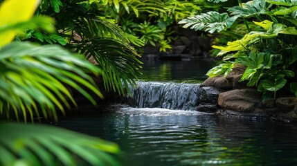 Serene waterfall cascading through lush greenery tropical forest nature photography peaceful environment close-up view tranquility and relaxation