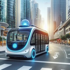 Obraz premium A self-driving bus with advanced AI navigation systems in a downtown area