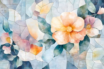 pink blossoms appear to float within overlapping geometric layers in soft pastel hues, forming a delicate and visually striking artistic composition