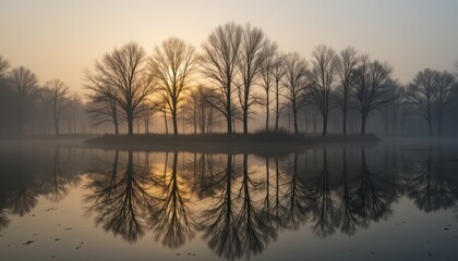 Sunrise, misty lake, trees reflected, calm, peaceful nature scene